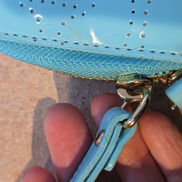 Kate Spade Tiffany Blue Shiny Patent Perforated Zip Around Wristlet Wallet - Picture 5 of 14